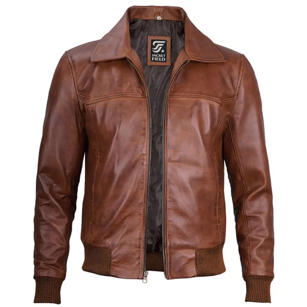Brown Leather Bomber Jacket