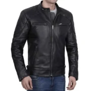 Mens Black Cafe Racer Lambskin Leather Motorcycle Jacket by Jacket Field
