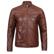 Mens Cognac Distressed Lambskin Leather Motorcycle Jacket by Jacket Field