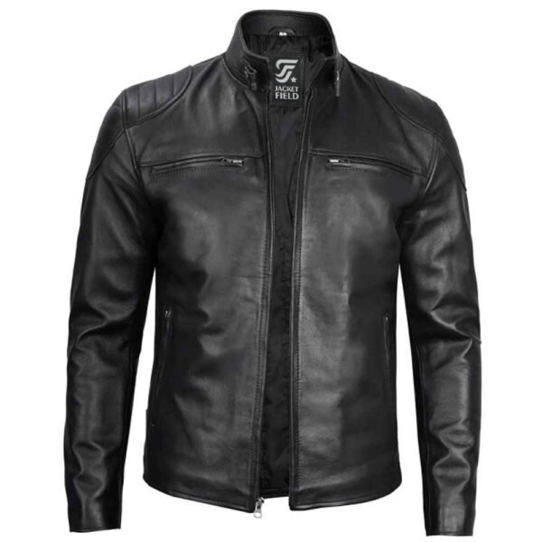 Mens Classic Black Lambskin Leather Motorcycle Jacket by Jacket Field