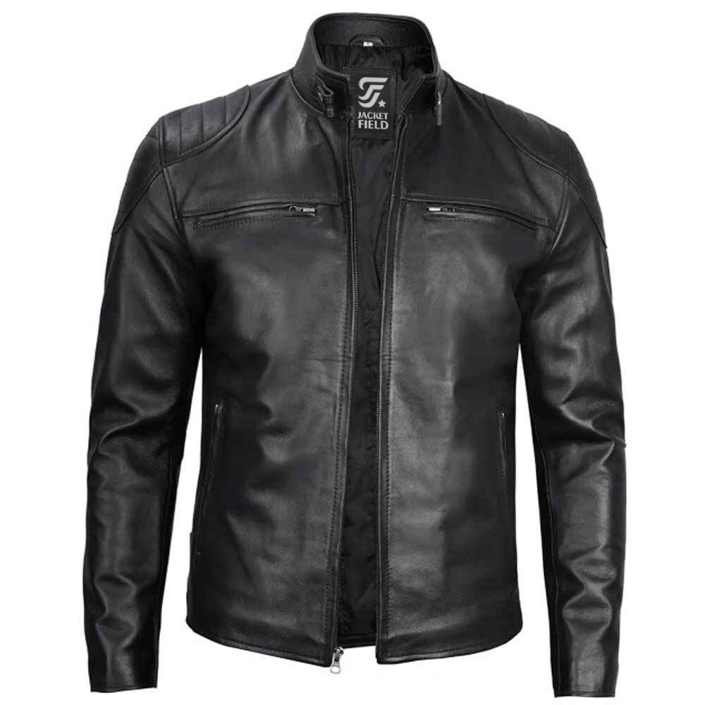 Mens Classic Black Lambskin Leather Motorcycle Jacket by Jacket Field