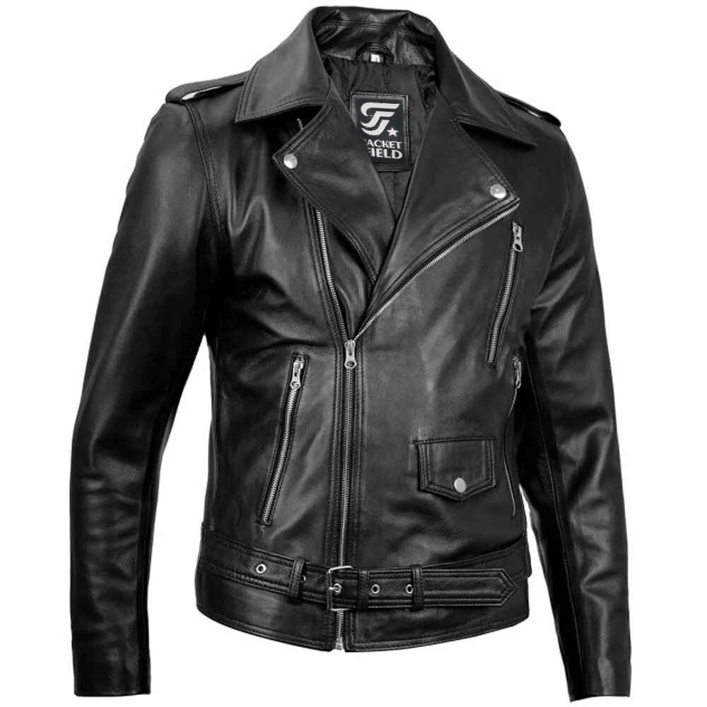 Mens Black Real Lambskin Leather Motorcycle Jacket by Jacket Field