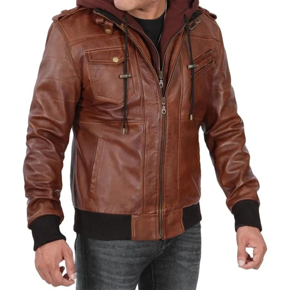 Brown Leather Bomber Jacket