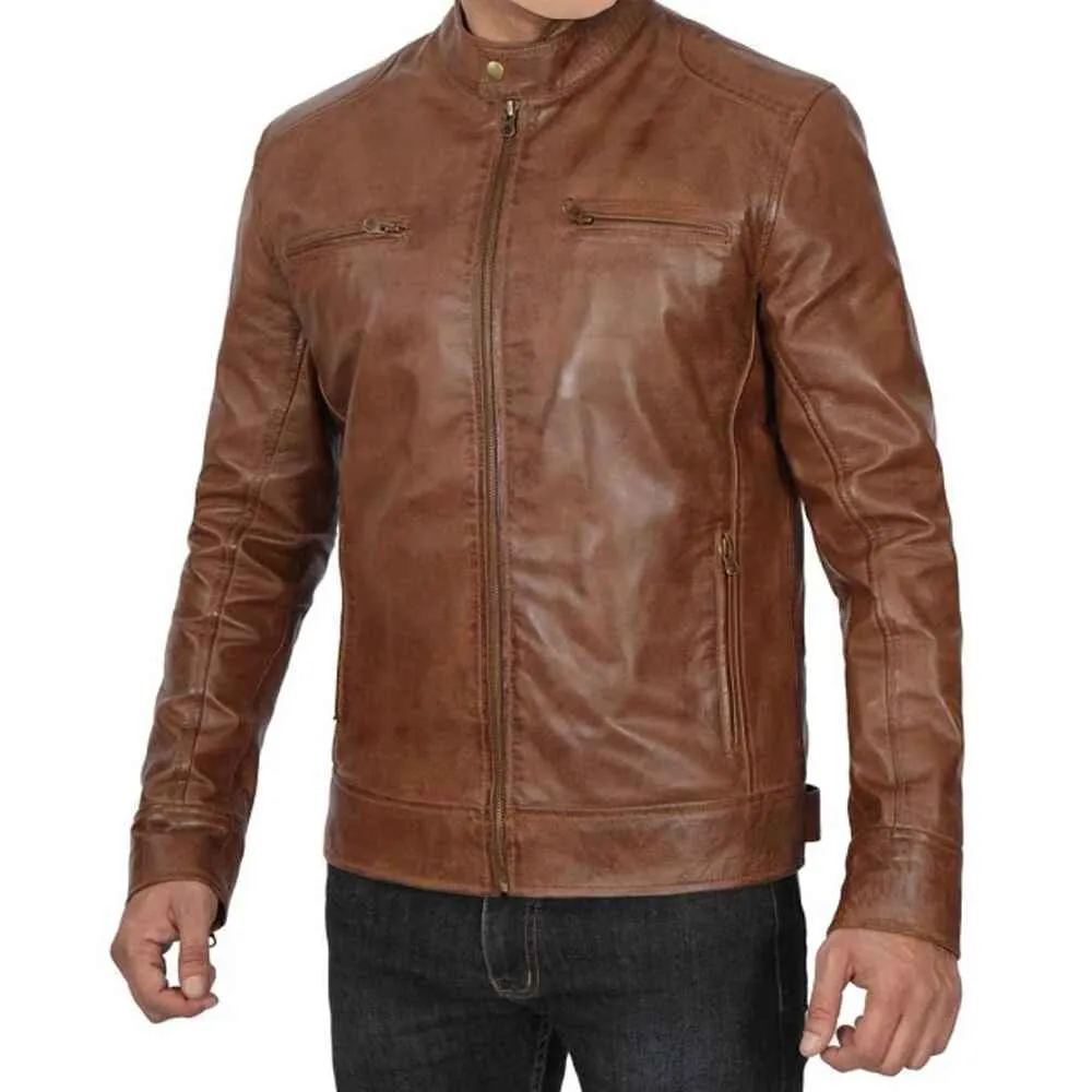 Mens Chocolate Brown Lambskin Leather Motorcycle Jacket by Jacket Field