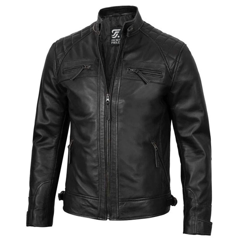 Mens Black Lambskin Cafe Racer Leather Motorcycle Jacket By Jacket Field