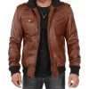 Brown Leather Bomber Jacket