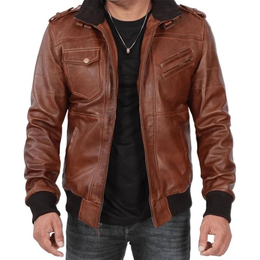Brown Leather Bomber Jacket