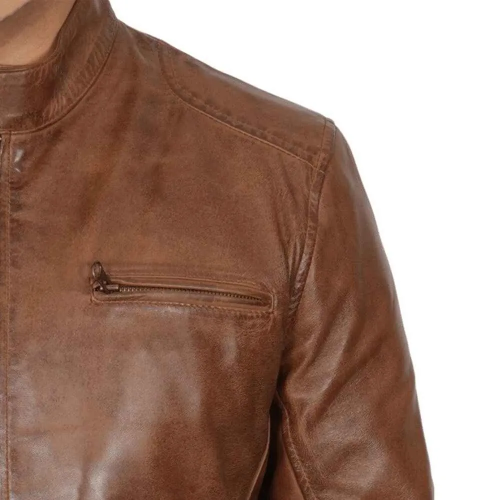 Mens Chocolate Brown Lambskin Leather Motorcycle Jacket by Jacket Field