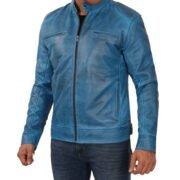 Mens Blue Lambskin Leather Motorcycle Jacket by Jacket Field