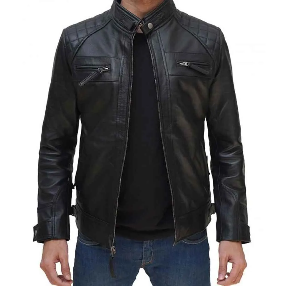 Mens Black Lambskin Leather Motorcycle Jacket by Jacket Field
