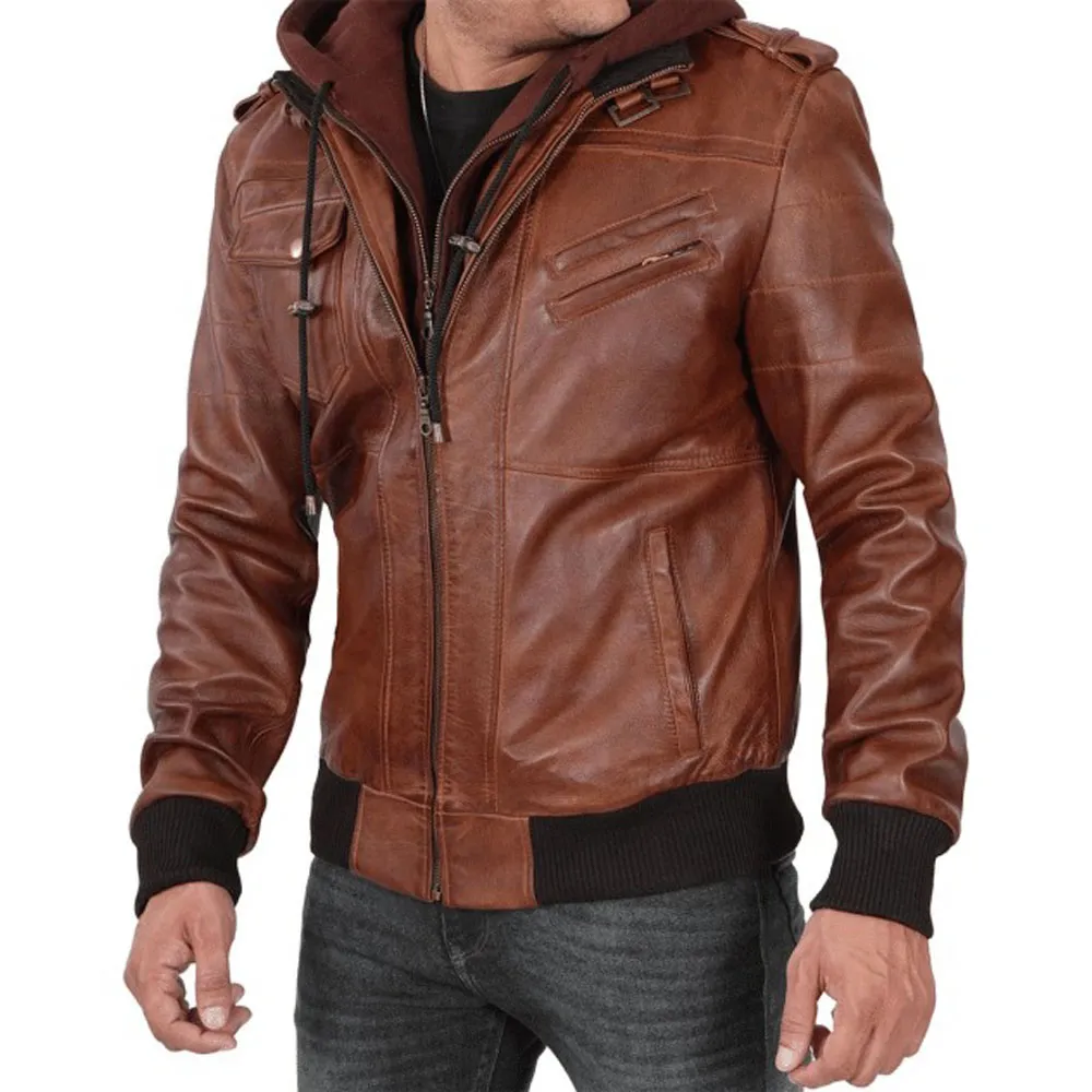 Brown Leather Bomber Jacket