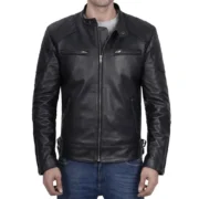 Mens Black Cafe Racer Lambskin Leather Motorcycle Jacket by Jacket Field