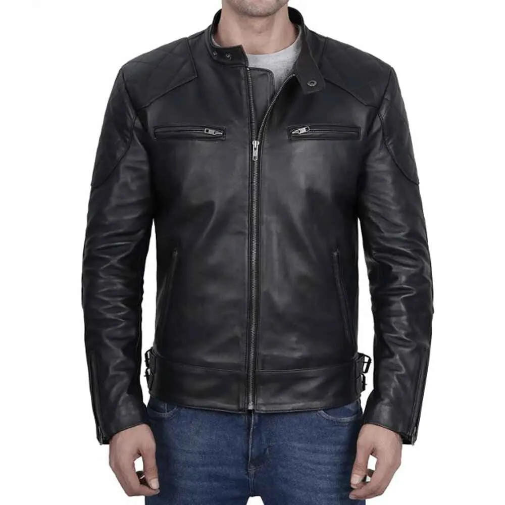 Mens Black Cafe Racer Lambskin Leather Motorcycle Jacket by Jacket Field