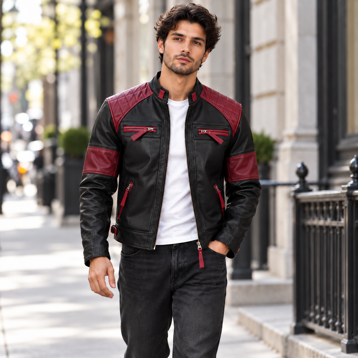 Mens Black and Maroon Lambskin Leather Motorcycle Jacket by Jacket Field