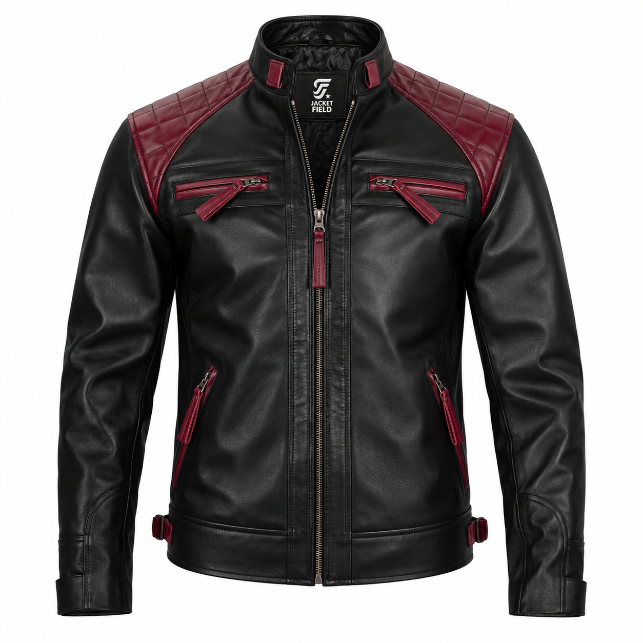 Mens Black and Maroon Lambskin Leather Motorcycle Jacket by Jacket Field