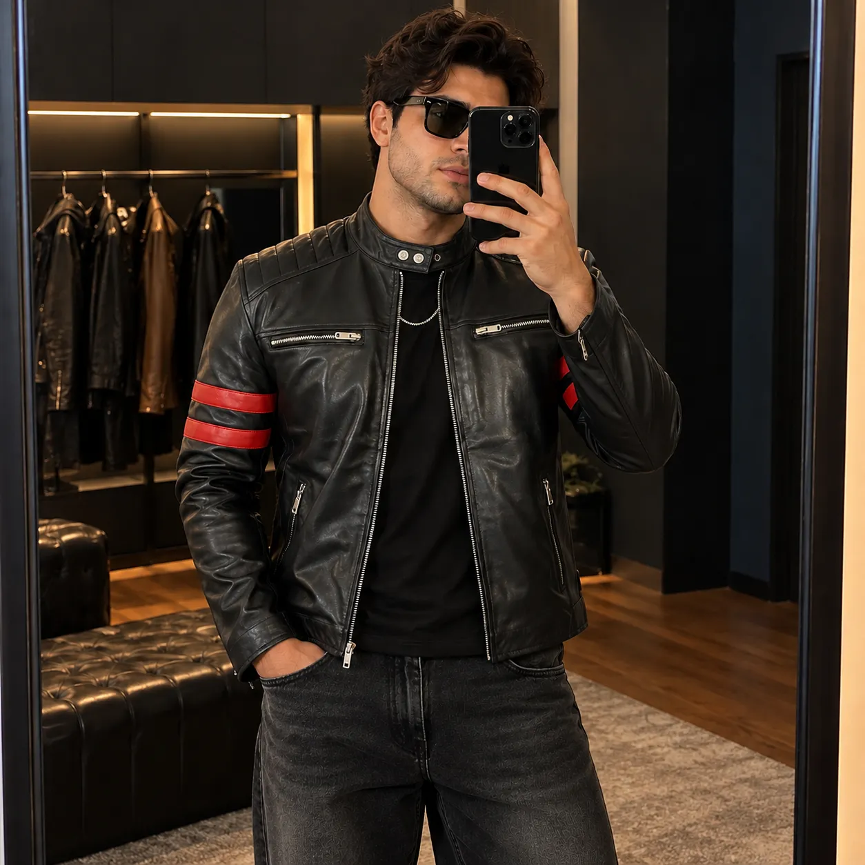 Mens Black Real Lambskin Leather Motorcycle Jacket by Jacket Field