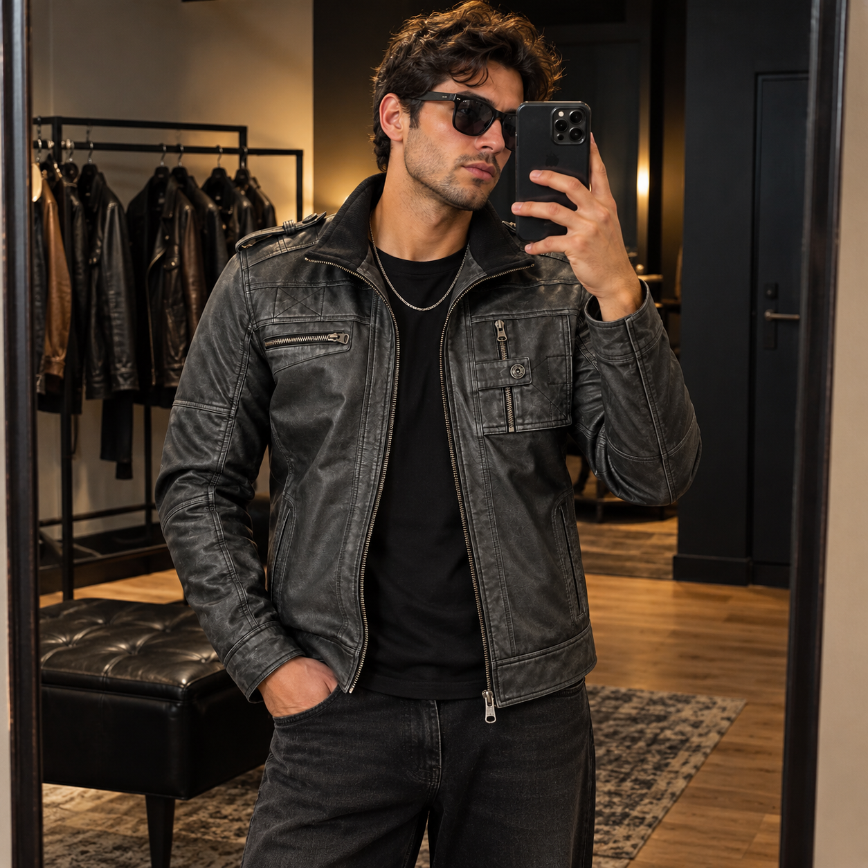 Mens Black Lambskin Leather Motorcycle Jacket by Jacket Field