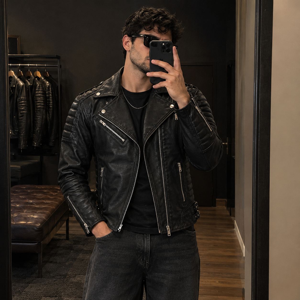 Mens Black Cowhide Leather Motorcycle Jacket by Jacket Field