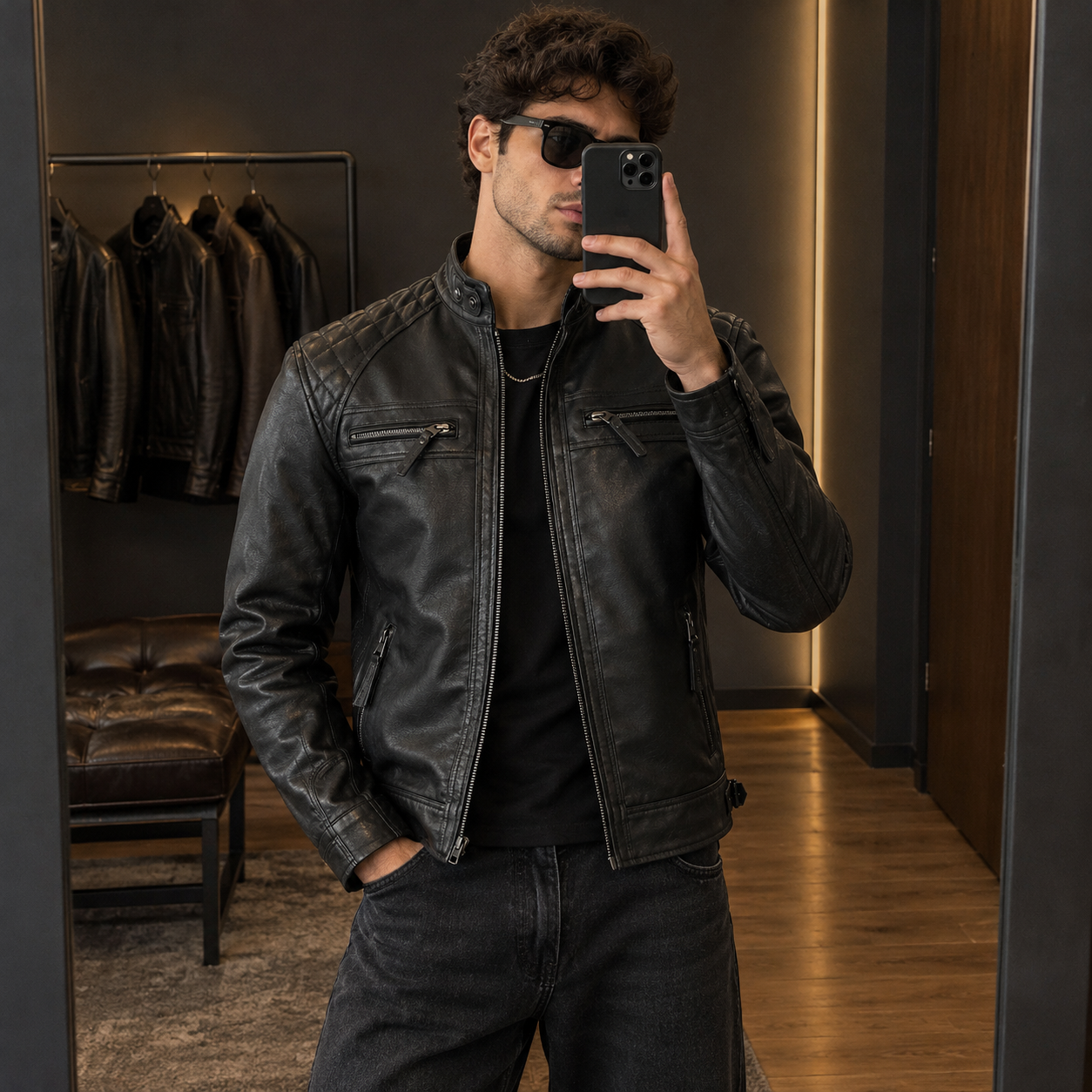 Mens Black Lambskin Leather Motorcycle Jacket by Jacket Field