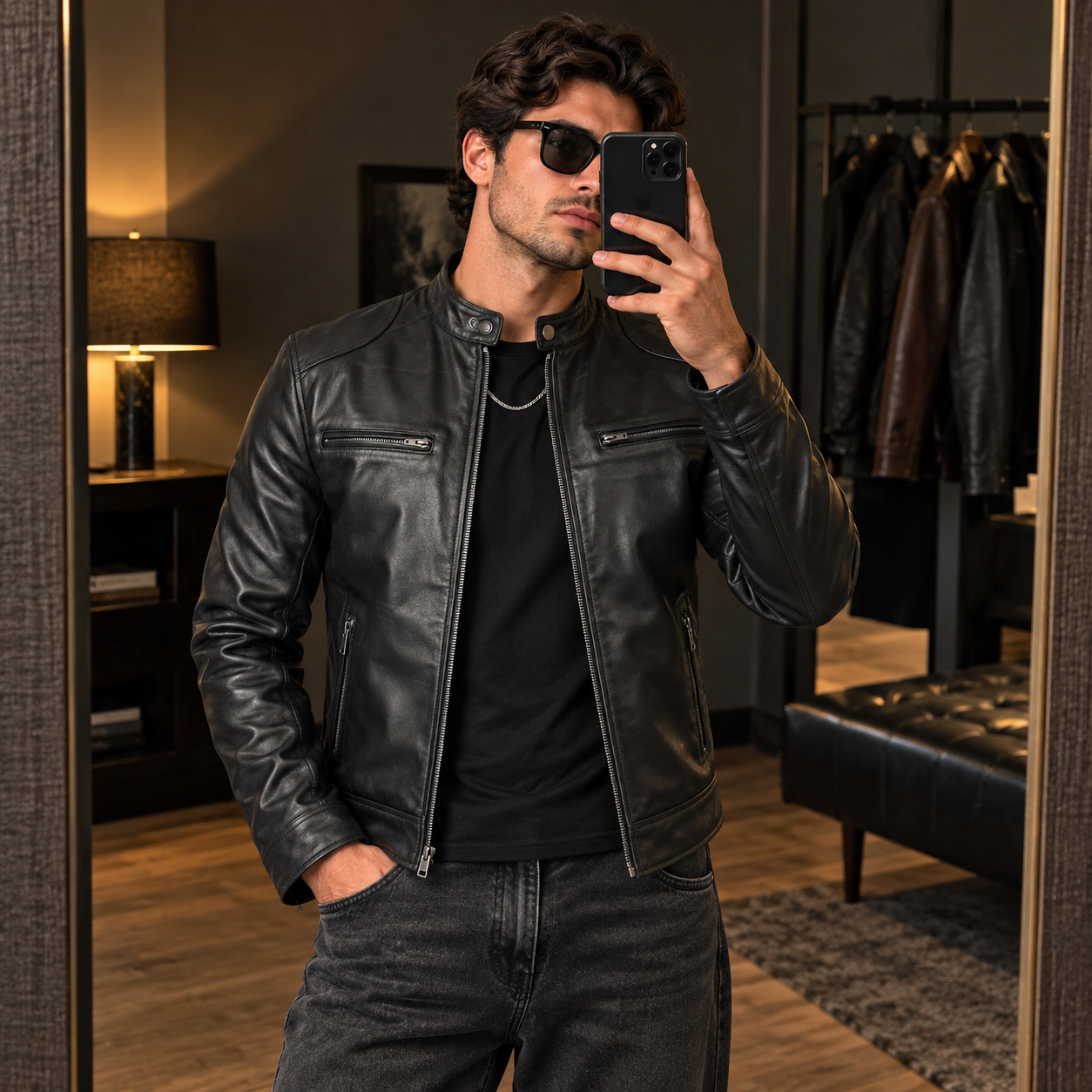 Mens Black Lambskin Leather Motorcycle Jacket by Jacket Field