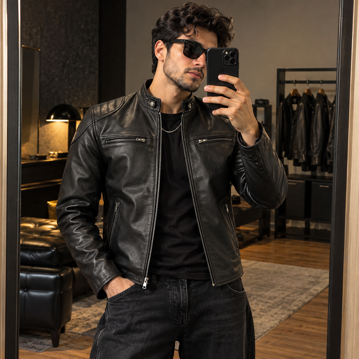 Mens Black Lambskin Leather Motorcycle Jacket by Jacket Field