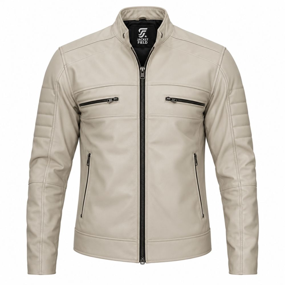 Men’s Beige Real Leather Motorcycle Jacket By Jacket Field