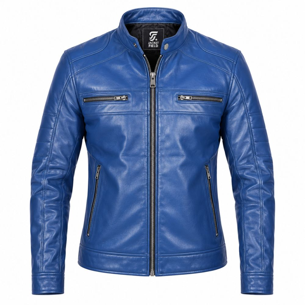 Men’s Blue Real Leather Motorcycle Jacket By Jacket Field