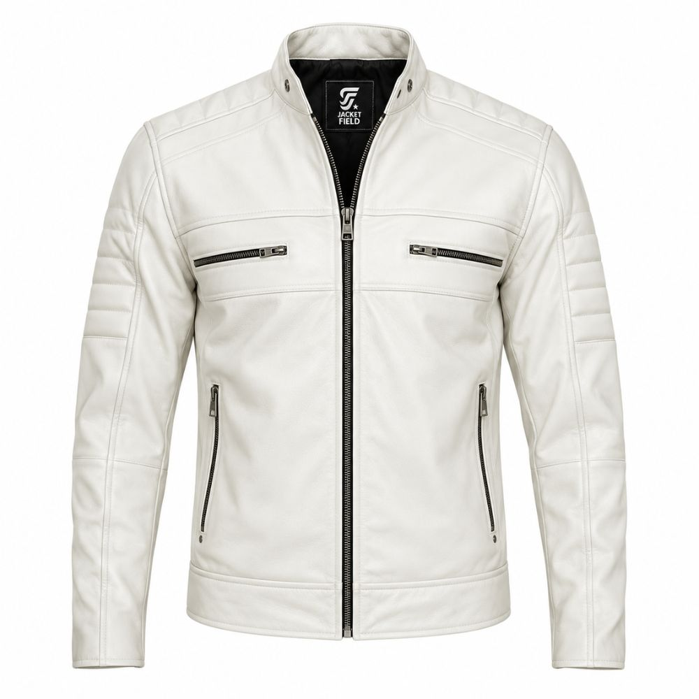 Men’s White Real Leather Motorcycle Jacket By Jacket Field