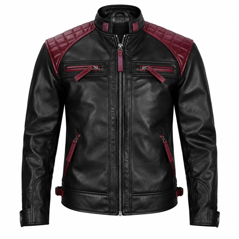 Men’s Black And Maroon Leather Motorcycle Jacket By Jacket Field