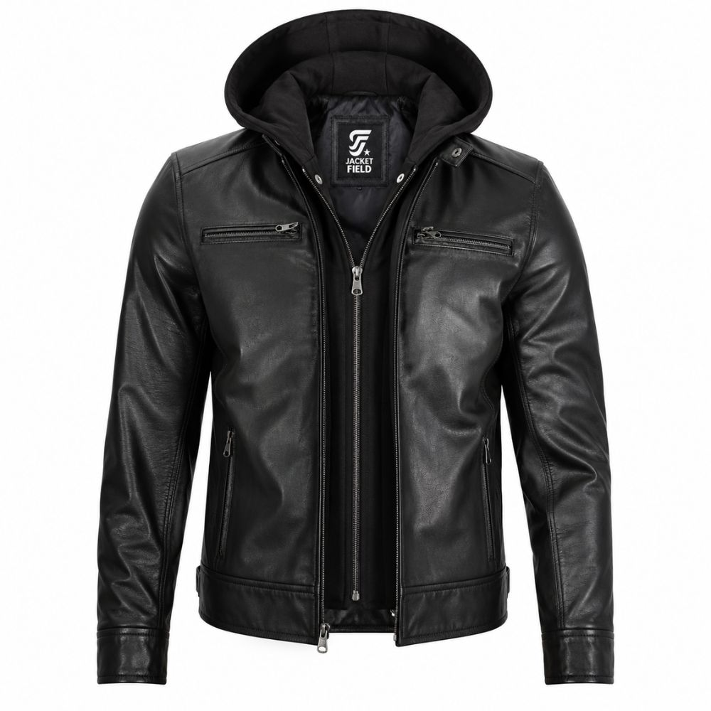 Men’s Black Leather Motorcycle Jacket With Hoodie