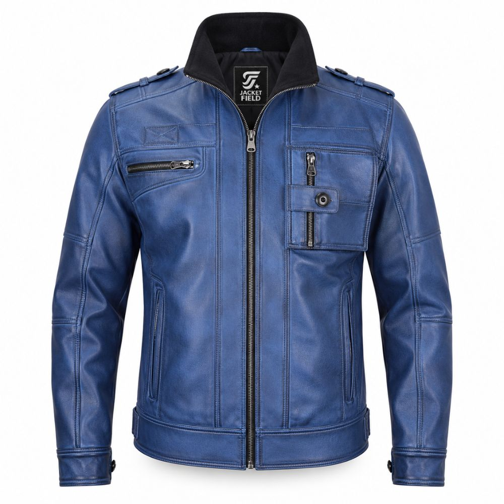 Men’s Blue Leather Motorcycle Jacket By Jacket Field