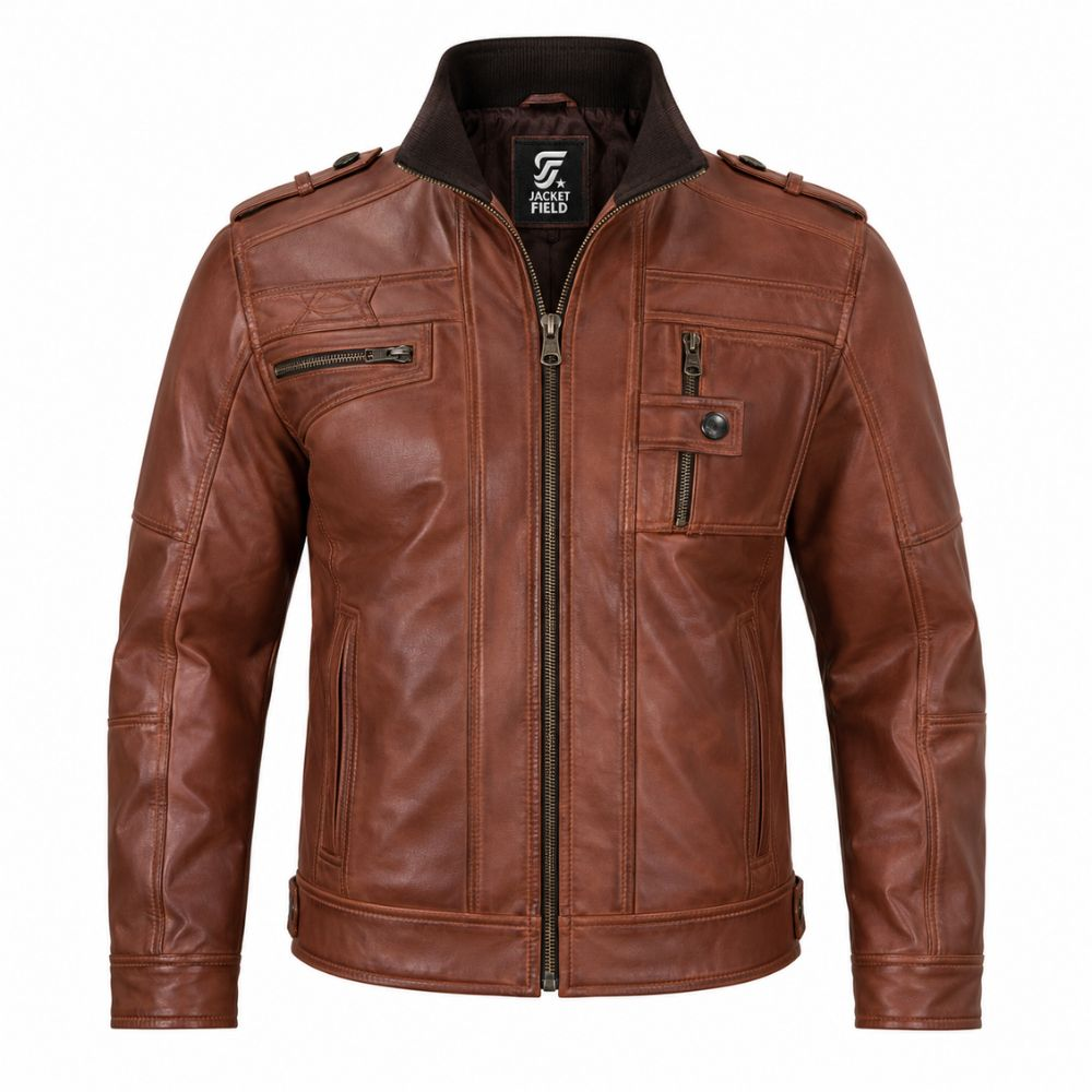 Men’s Cognac Brown Leather Motorcycle Jacket By Jacket Field
