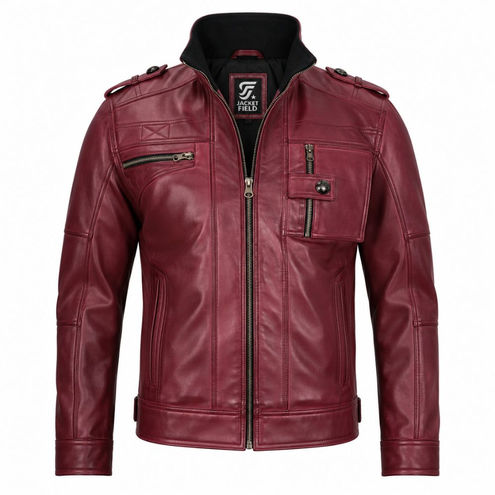 Men’s Maroon Leather Motorcycle Jacket By Jacket Field
