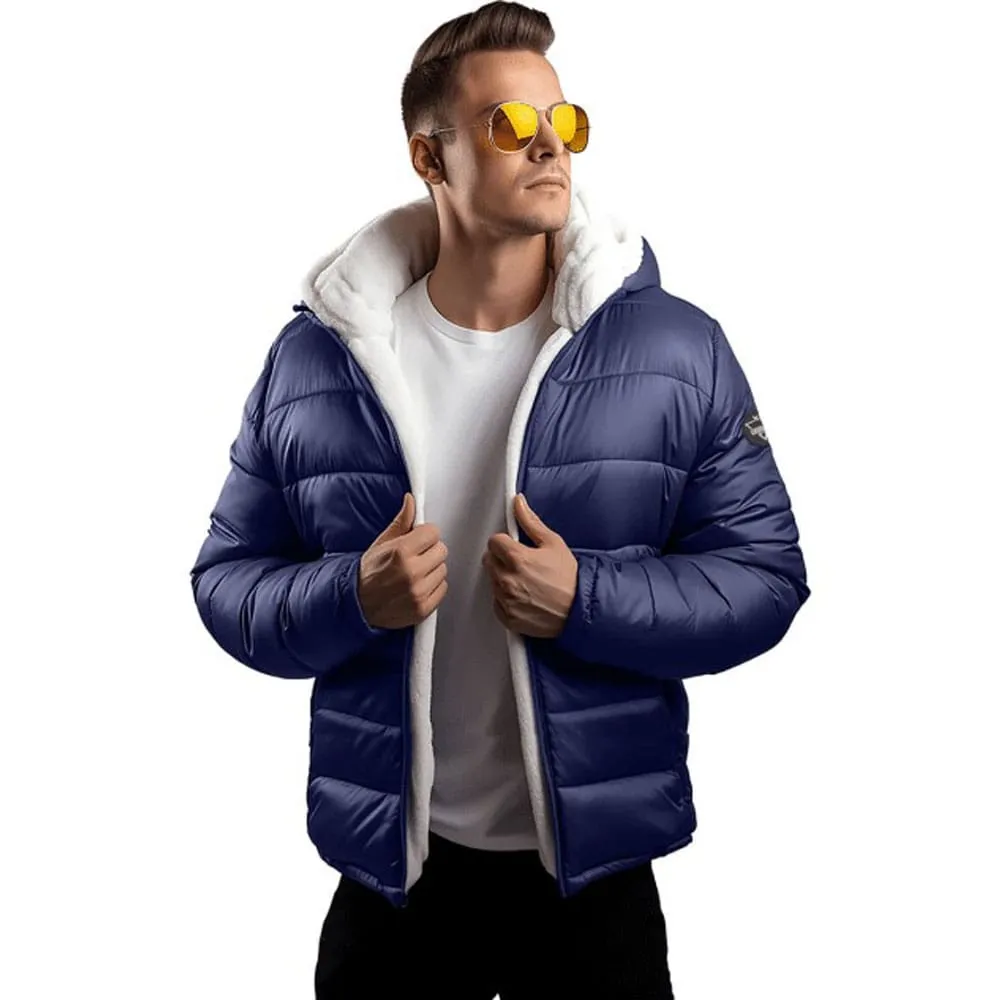 Mens Blue Puffer Jacket with Hood by Jacket Field