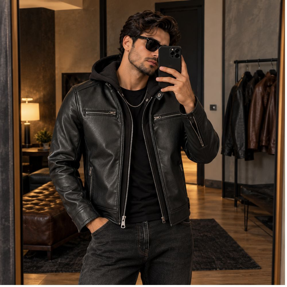 Men’s Black Leather Motorcycle Jacket With Hoodie