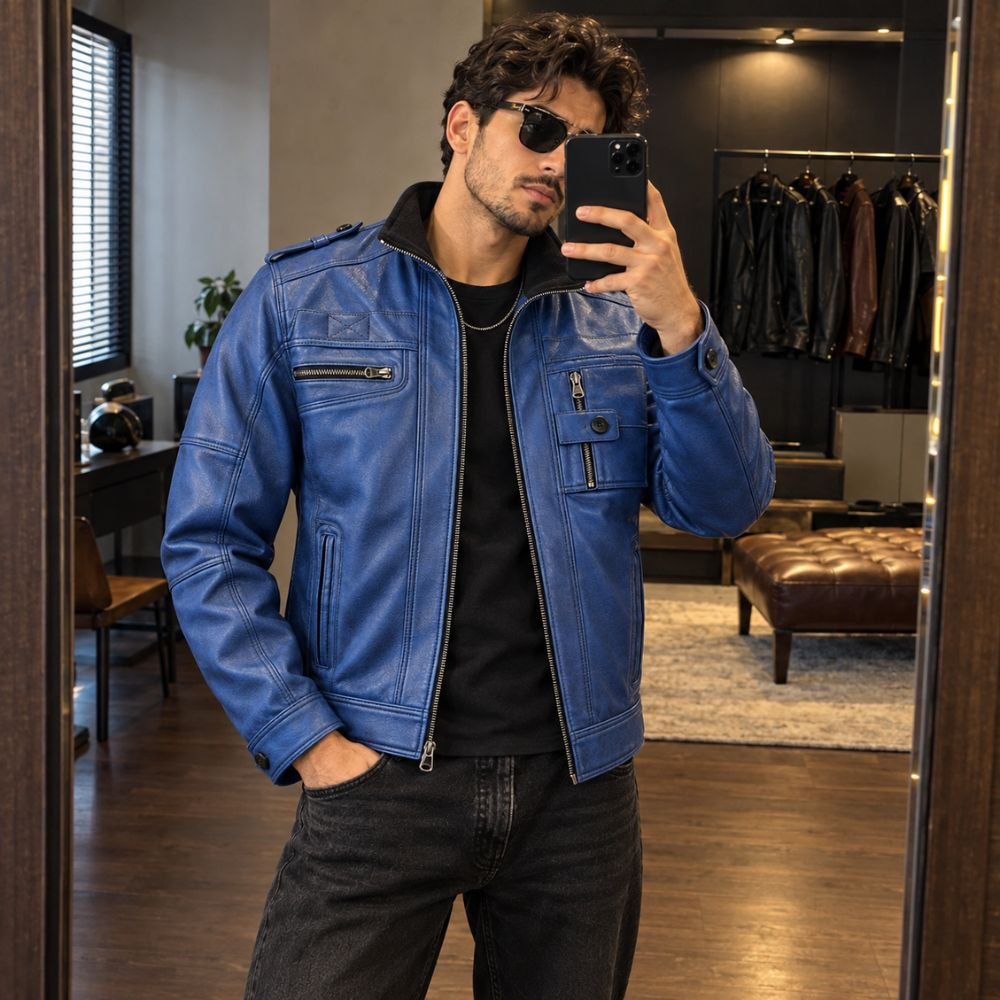 Men’s Blue Leather Motorcycle Jacket By Jacket Field