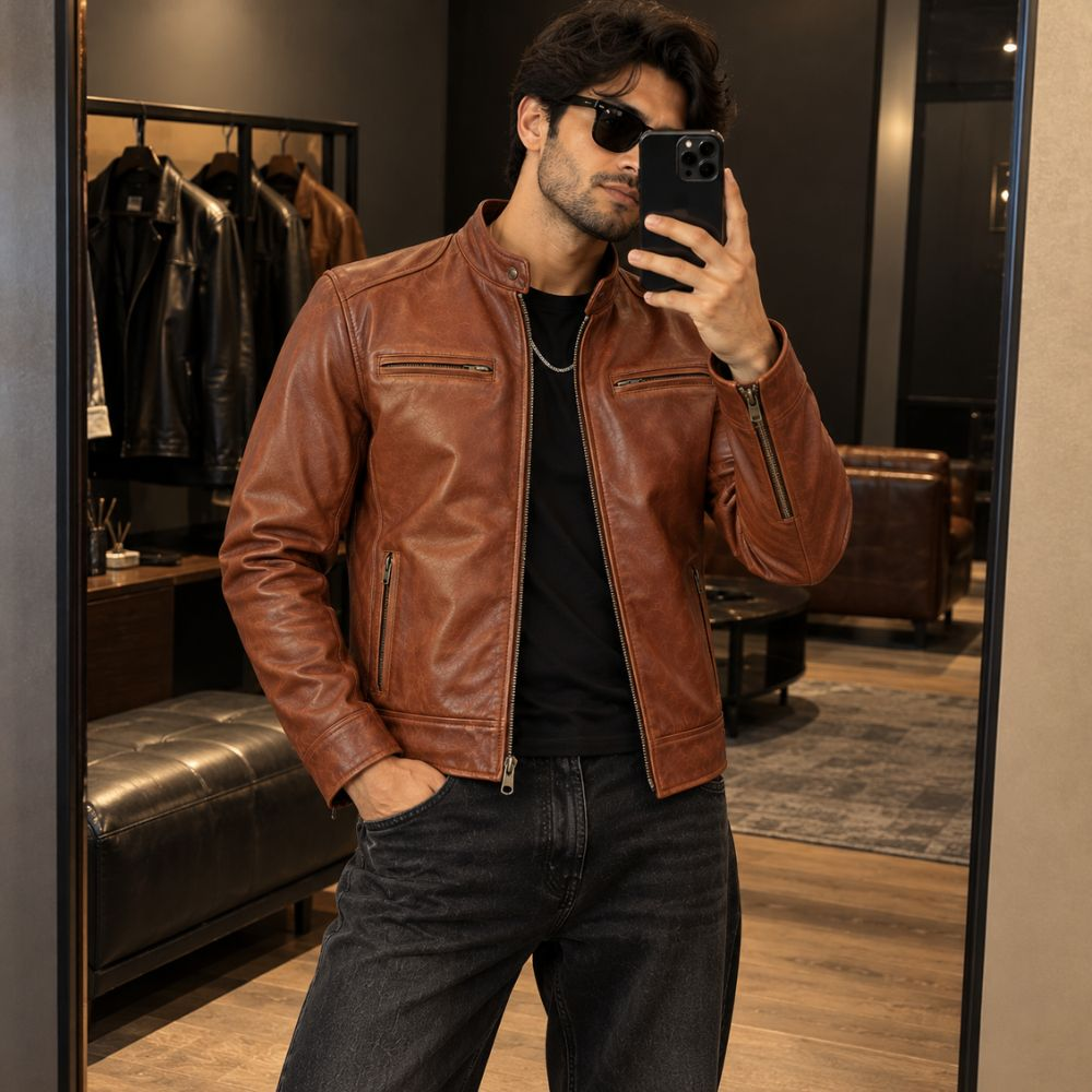 Men’s Brown Lambskin Leather Motorcycle Jacket By Jacket Field