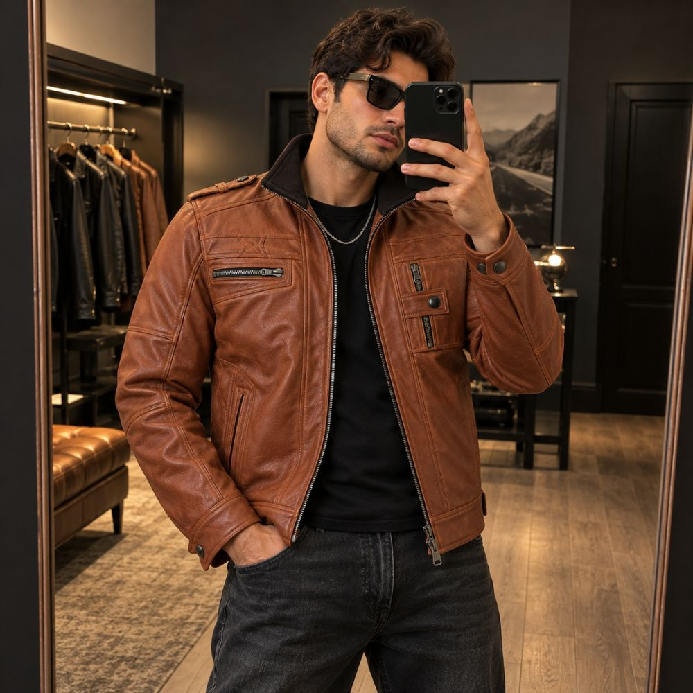 Men’s Cognac Brown Leather Motorcycle Jacket By Jacket Field
