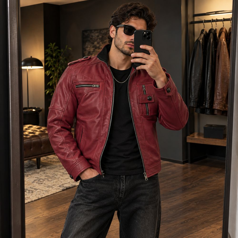 Men’s Maroon Leather Motorcycle Jacket By Jacket Field