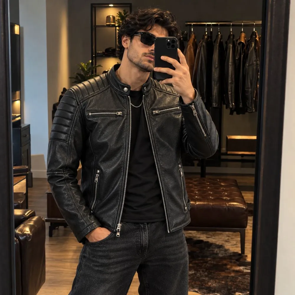Men’s Black Real Leather Motorcycle Jacket By Jacket Field