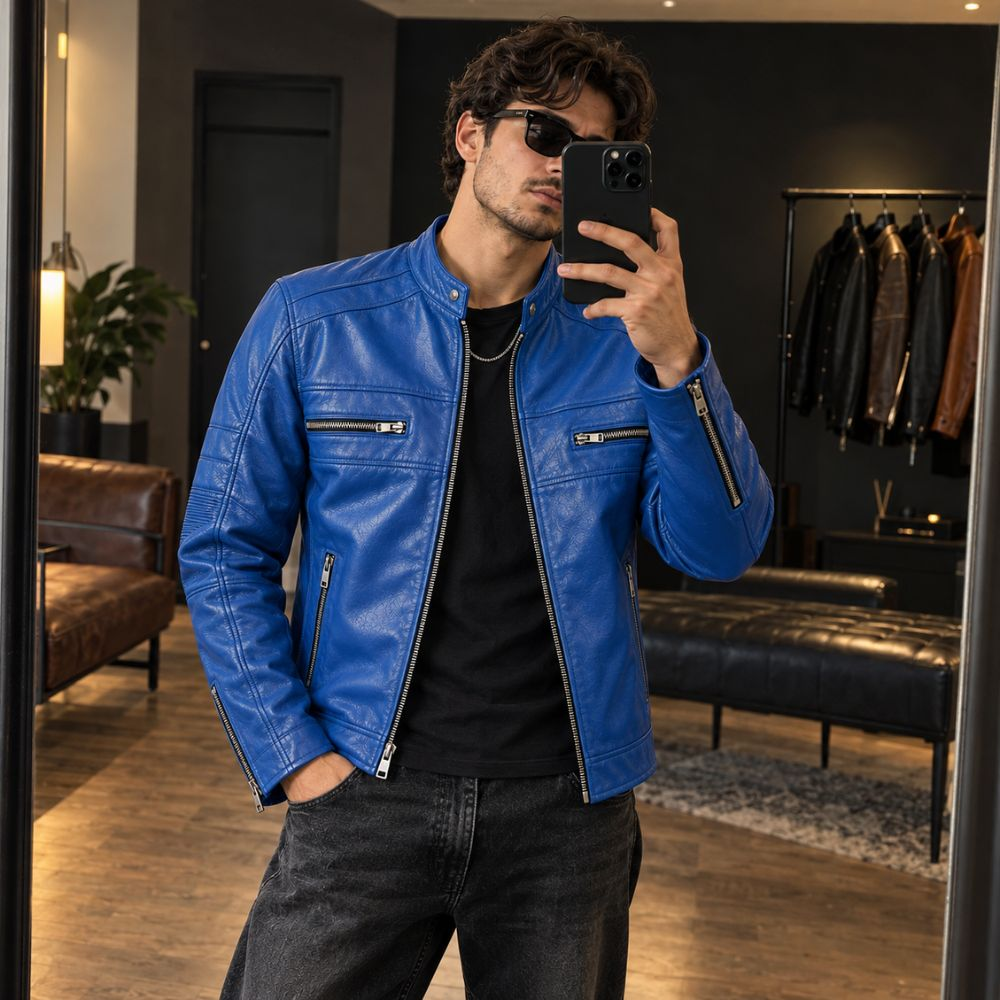 Men’s Blue Real Leather Motorcycle Jacket By Jacket Field