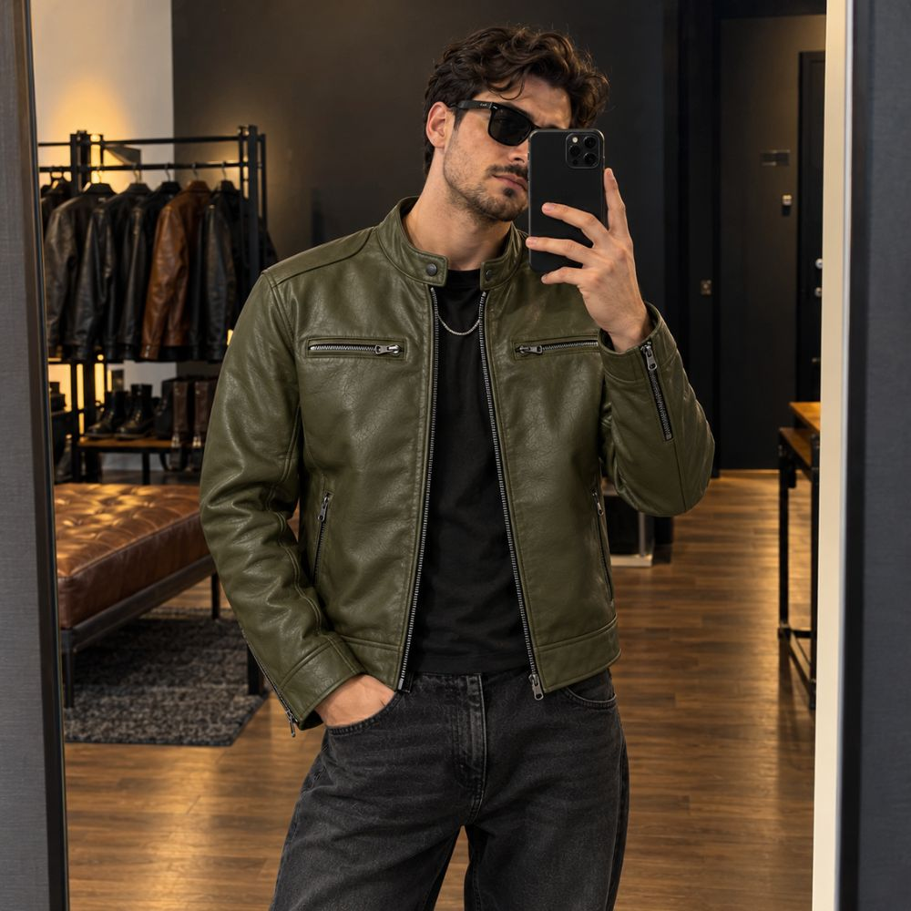 Men’s Green Leather Motorcycle Jacket By Jacket Field