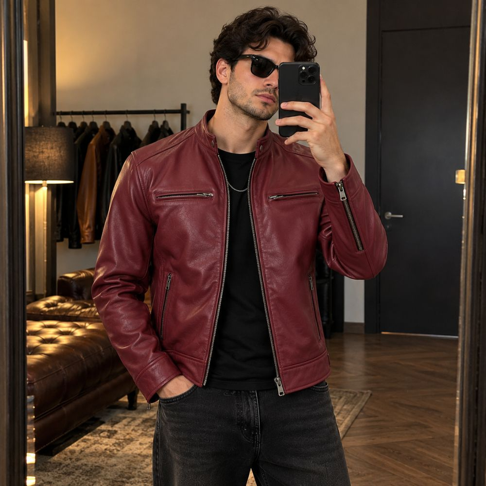 Men’s Maroon Real Leather Motorcycle Jacket By Jacket Field