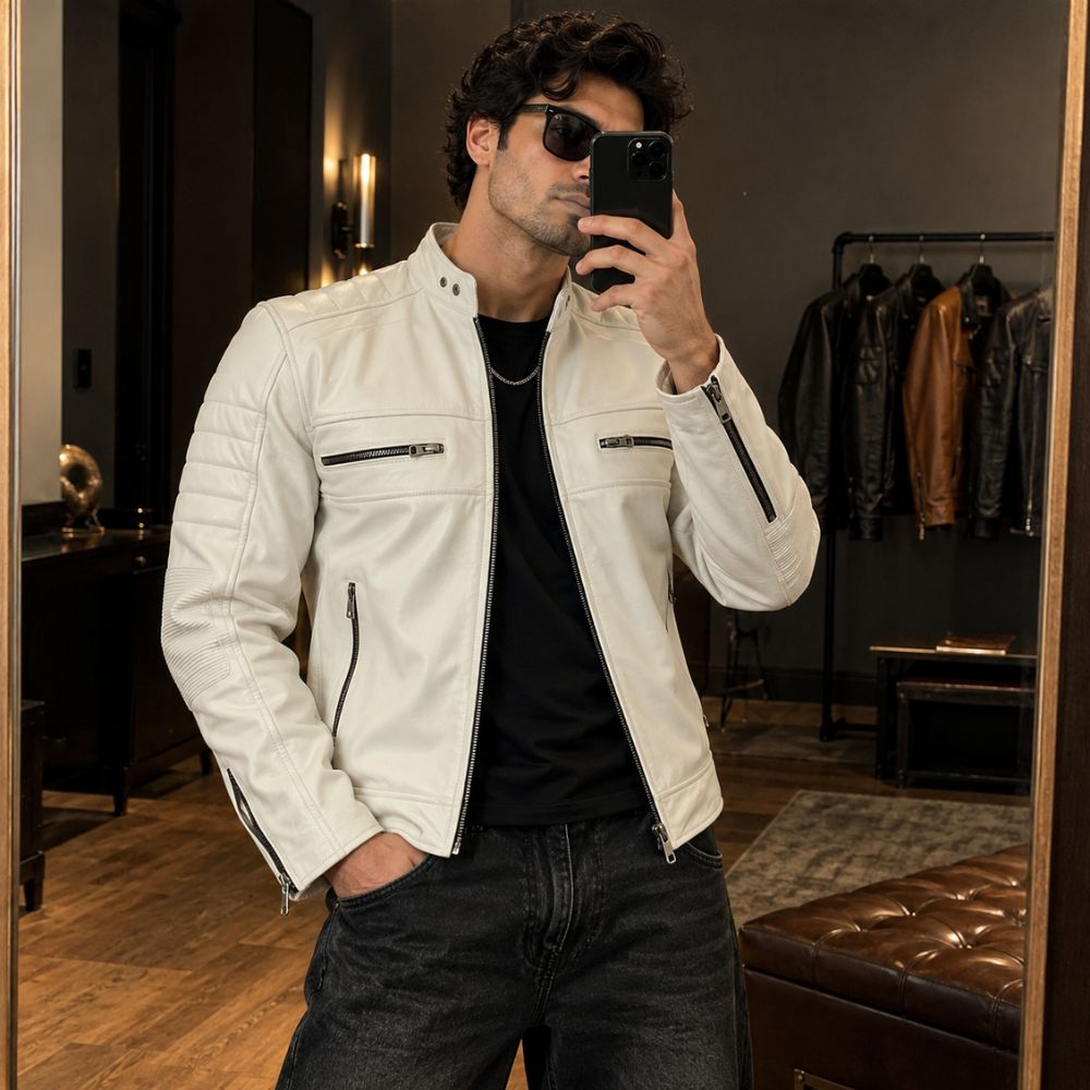 Men’s White Real Leather Motorcycle Jacket By Jacket Field