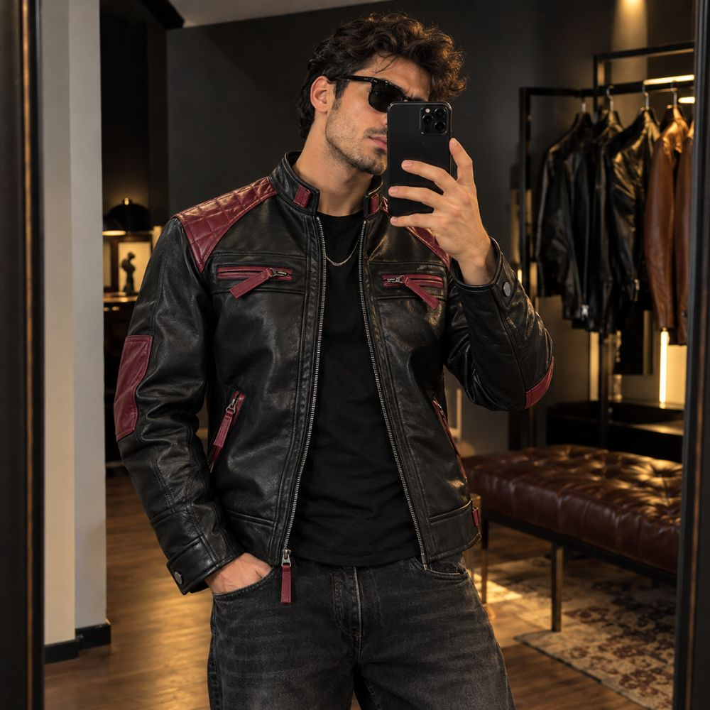 Men’s Black And Maroon Leather Motorcycle Jacket By Jacket Field