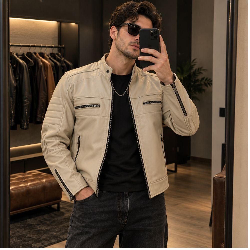 Men’s Beige Real Leather Motorcycle Jacket By Jacket Field