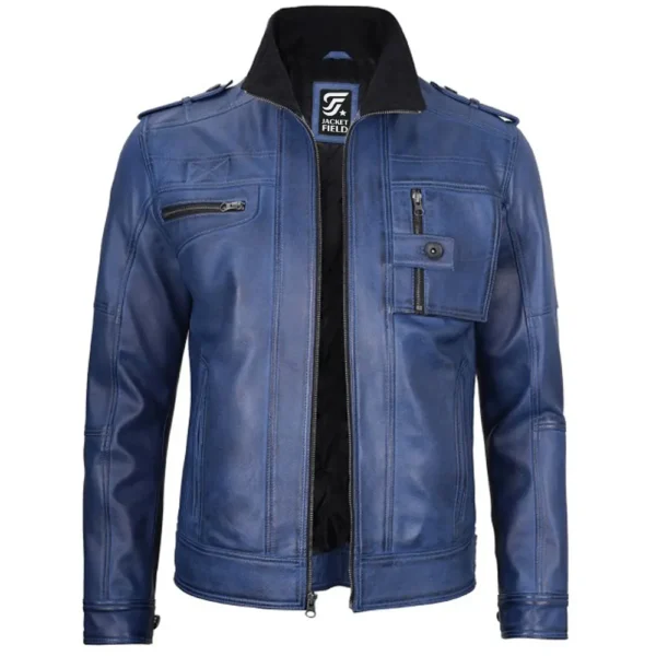 Blue Leather Motorcycle Jacket