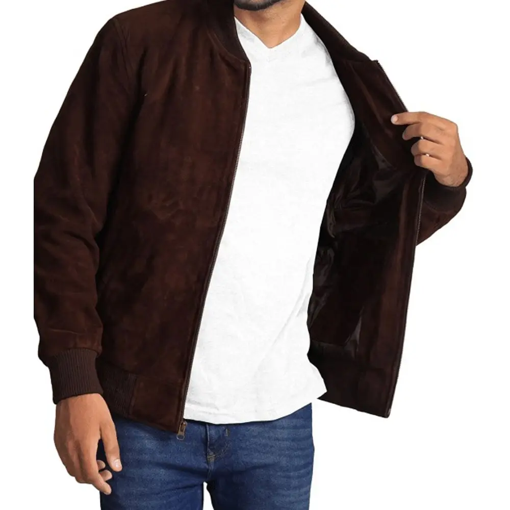 Adamsville Mens Dark Brown Suede Leather Bomber Jacket