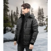 Mens Black Hooded Puffer Jacket by Jacket Field