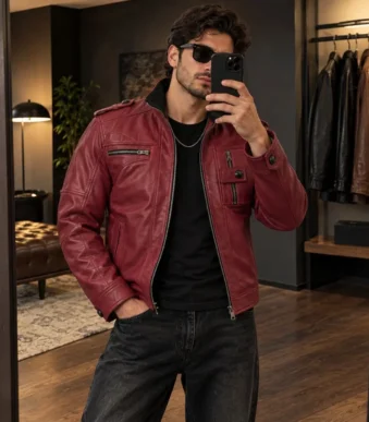 Mens Maroon Leather Motorcycle Jacket By Jacket Field 10 - Home